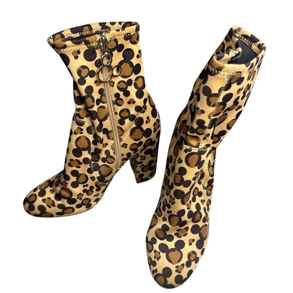 Disney X Aldo Step In Magic Leopard Chunky Heel Sock Bootie 9 Brown Mickey Boots - Picture 1 of 5